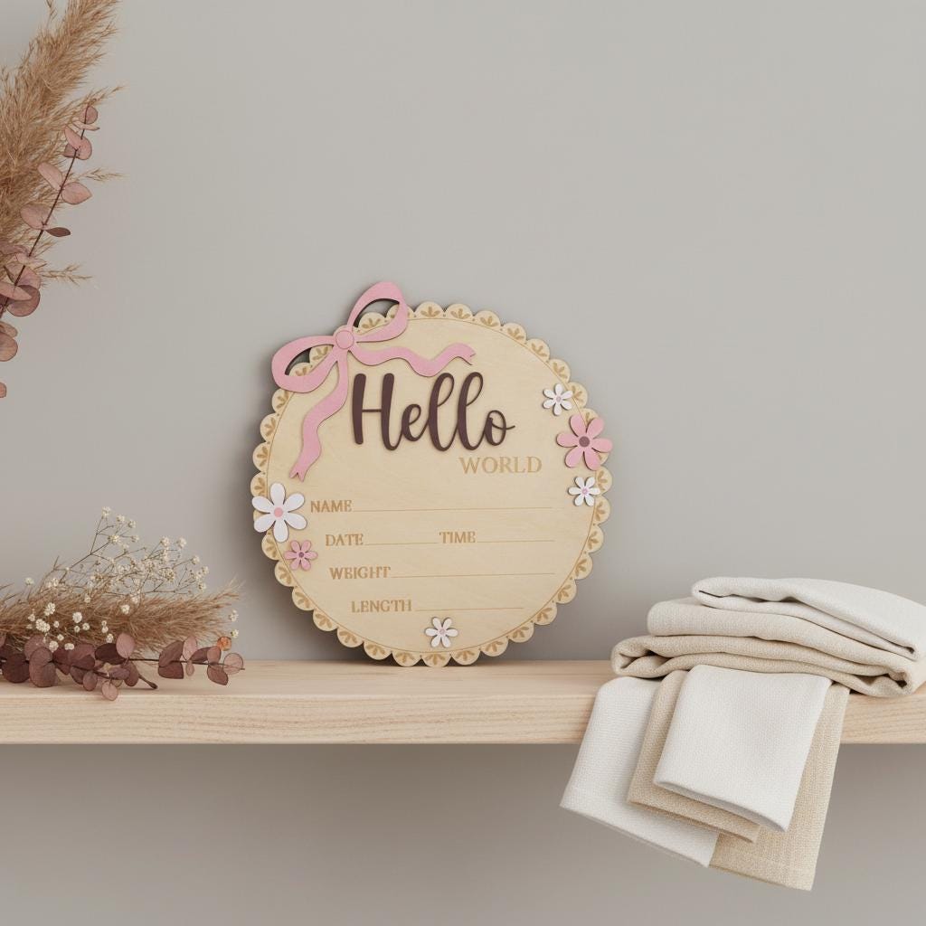 Wooden Baby Announcement Sign Hello World Floral Birth Details