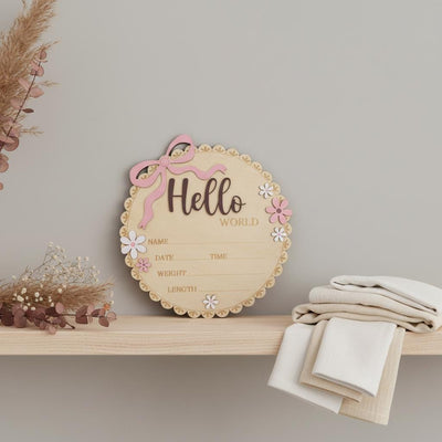 Wooden Baby Announcement Sign Hello World Floral Birth Details