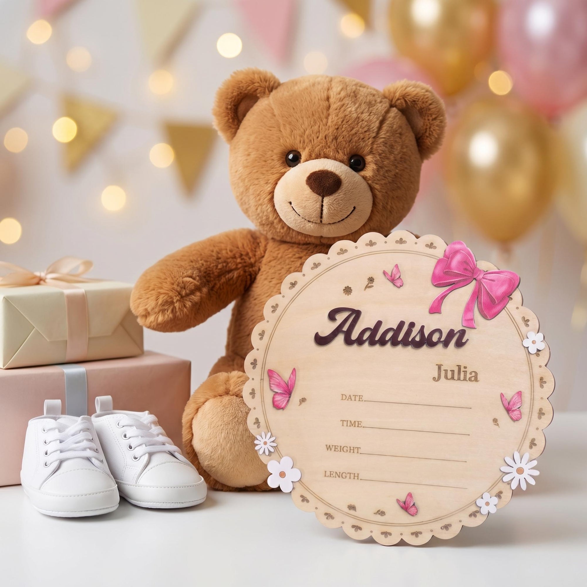 Personalized Round Baby Name Sign for Nursery Scalloped Birth Announcement Sign Custom Wood Plaque Girl Bow Baby Shower Gift