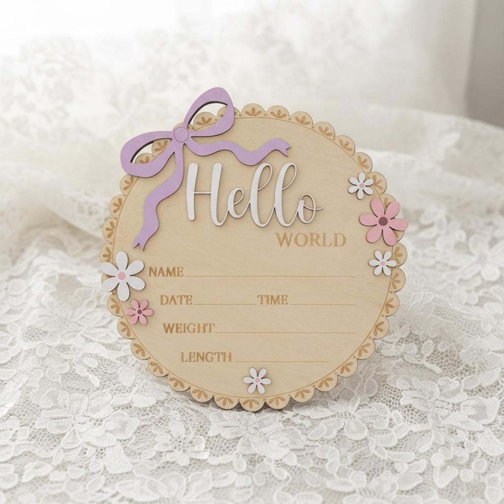 Floral Hello World Baby Sign Wooden Birth Stats Baby Girl Announcement