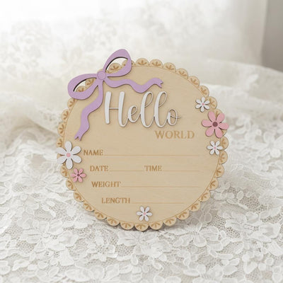 Floral Hello World Baby Sign Wooden Birth Stats Baby Girl Announcement