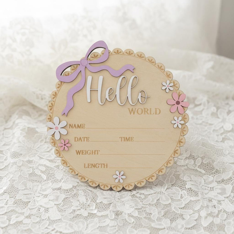 Floral Hello World Baby Sign Wooden Birth Stats Baby Girl Announcement