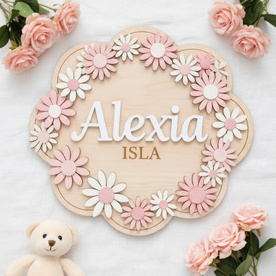 Personalized Baby Name Sign, Wooden Daisy Nursery Name Plaque, Custom Baby Girl Room Decor, Flower Nursery Wall Decor