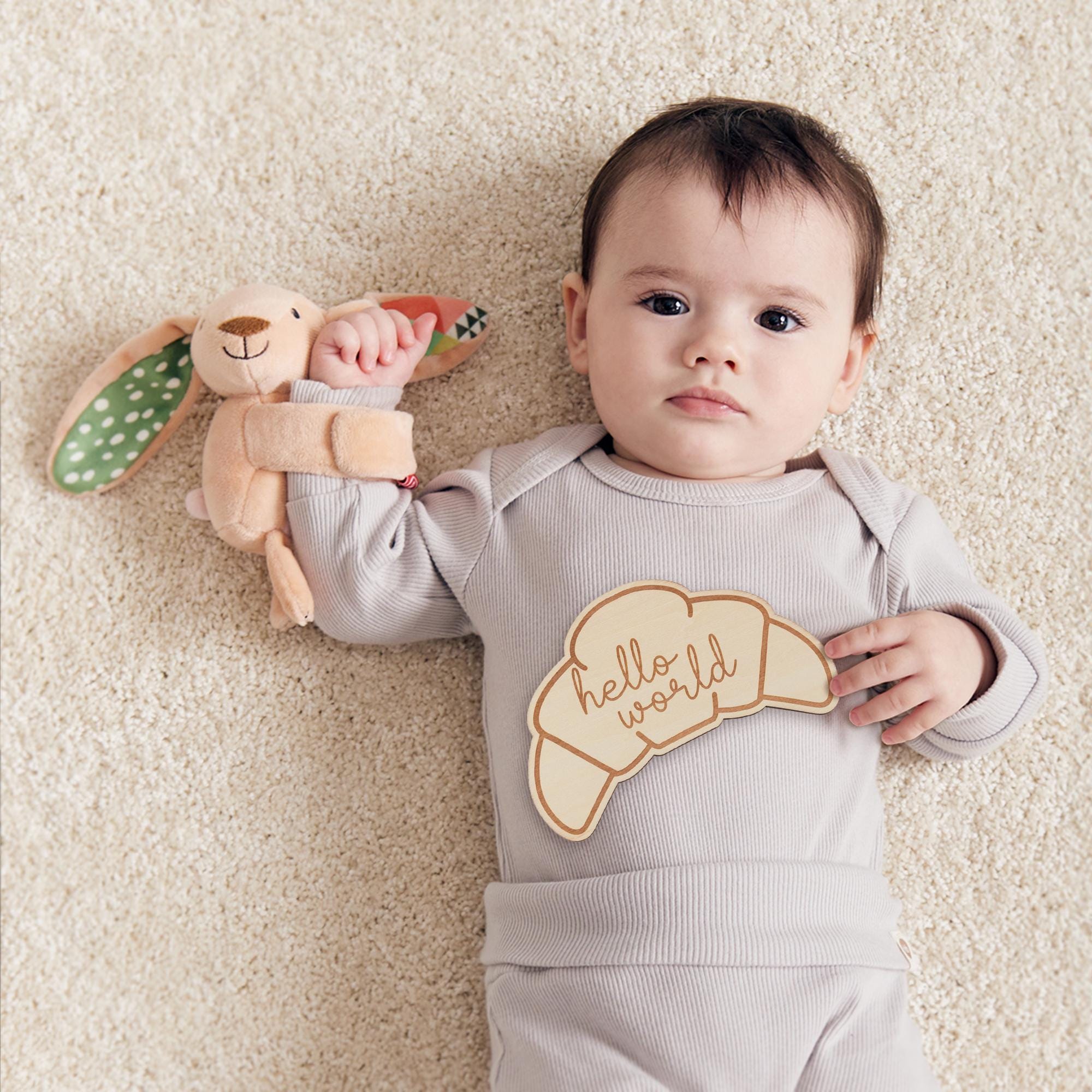 Wooden Croissant Baby Milestone Set, Rustic Monthly Photo Props,Hello World Birth Announcement Sign,Newborn Keepsake Gift,Monthly Milestones