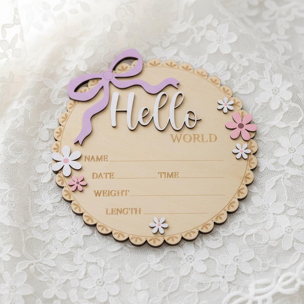 Floral Hello World Baby Sign Wooden Birth Stats Baby Girl Announcement