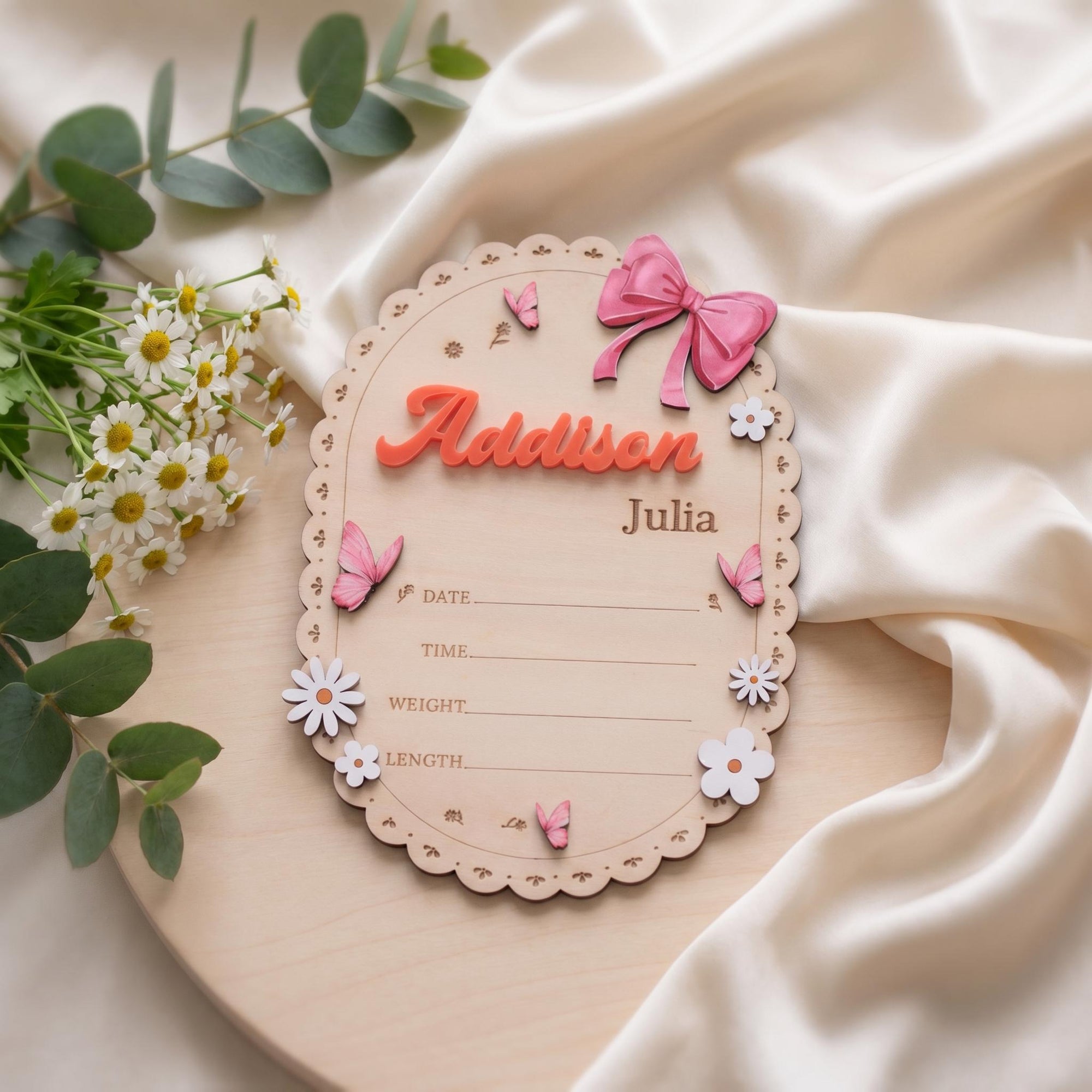 Oval Baby Name Sign for Nursery Scalloped Birth Announcement Sign for Hospital Custom Wood Name Plate Girl Bow Baby Shower Gift