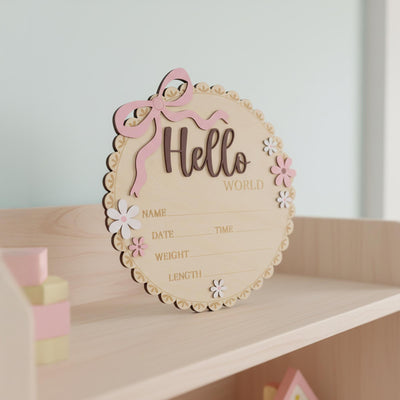 Wooden Baby Announcement Sign Hello World Floral Birth Details