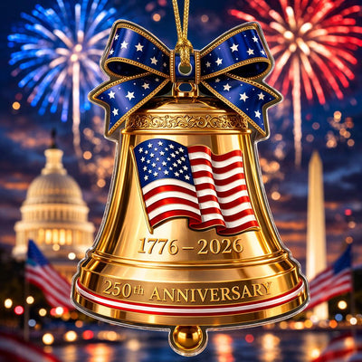 USA 250th Anniversary Golden Bell Ornament, 1776-2026 Liberty Bell Keepsake, Patriotic American Flag Gift, Luxury Holiday Decor