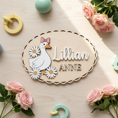 Personalized Baby Name Sign, Wooden Nursery Name Plaque with Goose, Custom Baby Girl Room Decor, Daisy Nursery Wall Decor, Baby Shower Gift
