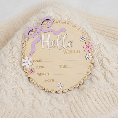 Floral Hello World Baby Sign Wooden Birth Stats Baby Girl Announcement