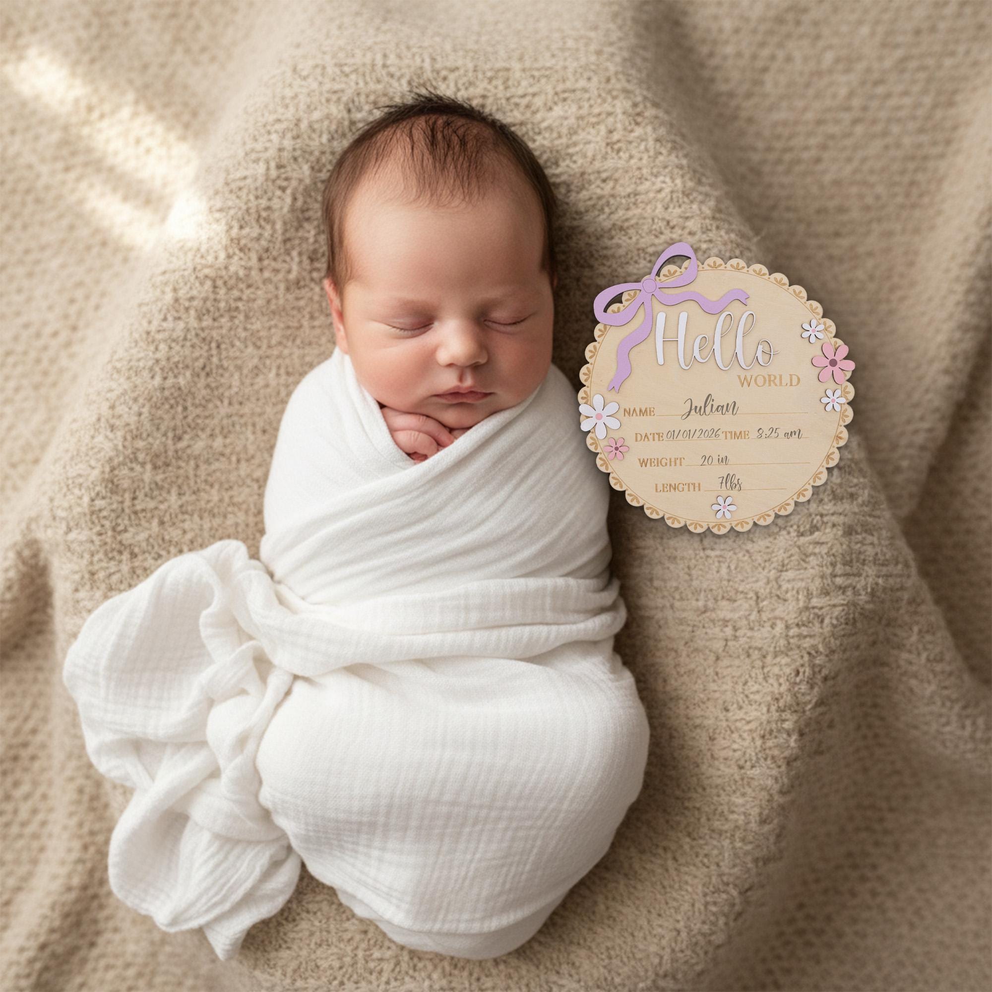 Floral Hello World Baby Sign Wooden Birth Stats Baby Girl Announcement