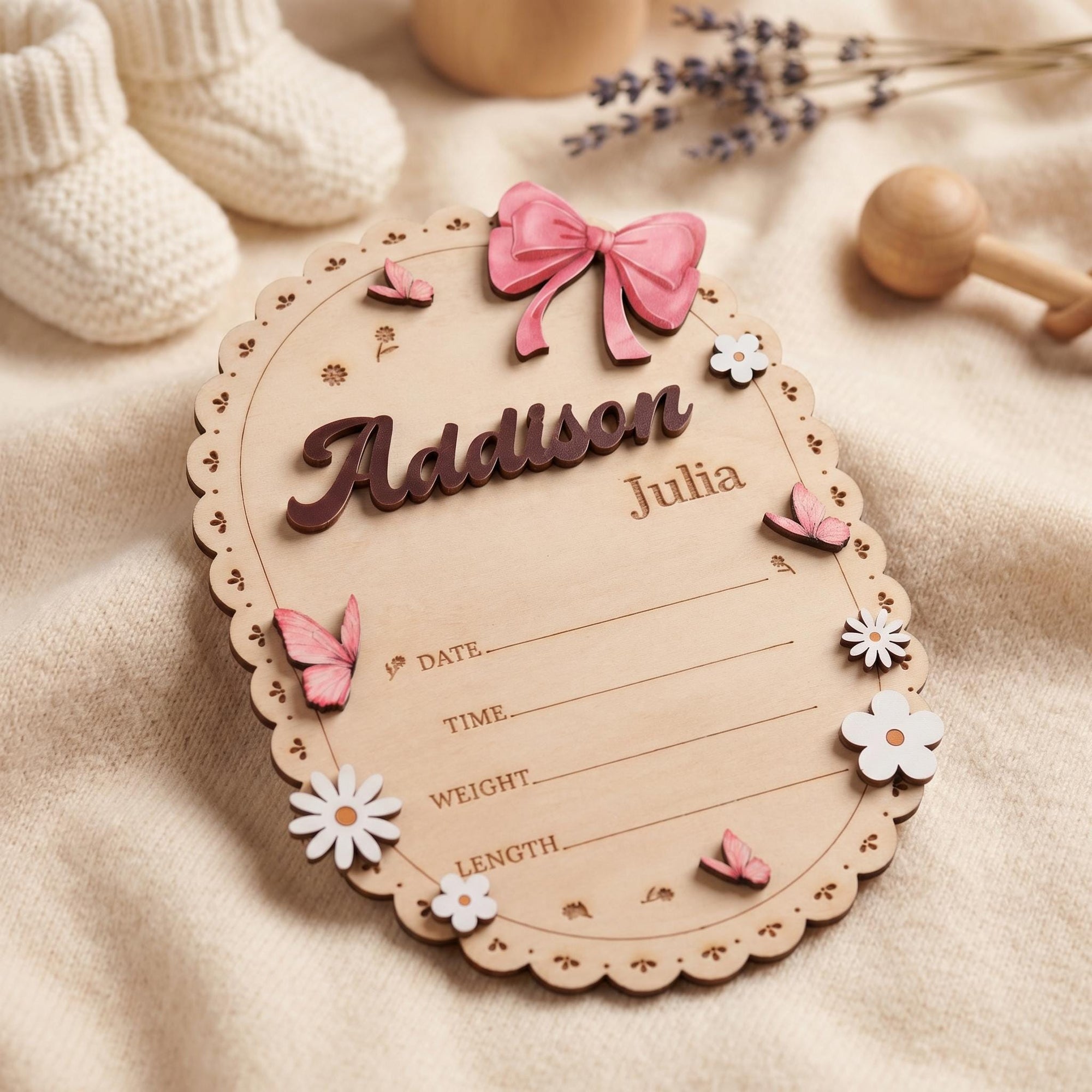 Oval Baby Name Sign for Nursery Scalloped Wood Birth Announcement Sign Custom Wood Plaque for Hospital Girl Bow Personalized Baby Gift