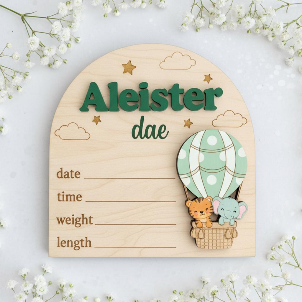Baby Birth Stats Sign Personalized Wooden Baby Name Sign Balloon Nursery Decor Custom Newborn Announcement Sign Photo Prop