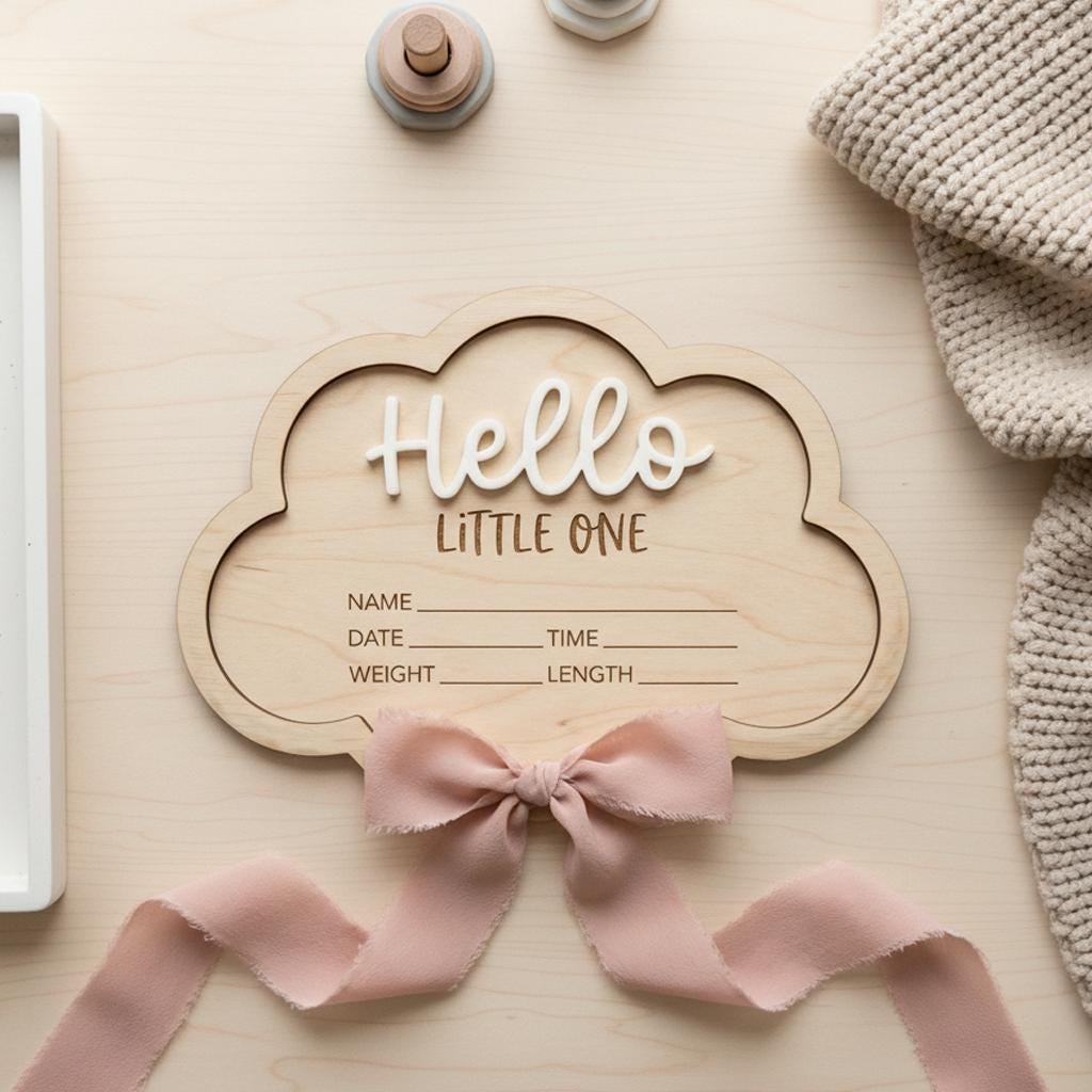 Personalized Baby Stats Plaque for Girl, Newborn Birth Announcement Sign, Boho Hospital Photo Prop, Hello Little One Nursery Decor