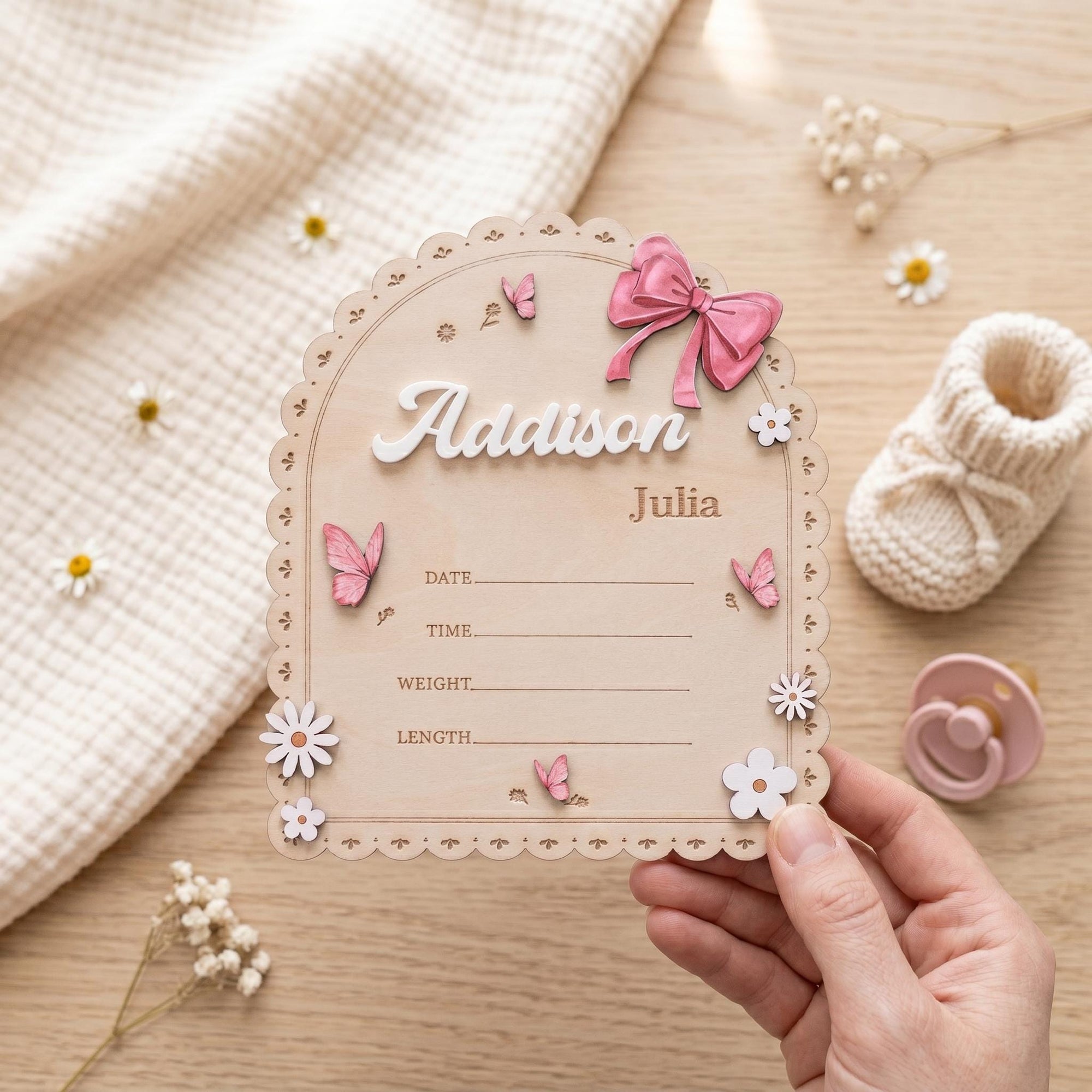 Personalized Baby Name Sign for Nursery Pink Bow Birth Announcement Sign for Hospital Custom Wood Name Plate Girl Newborn Gift