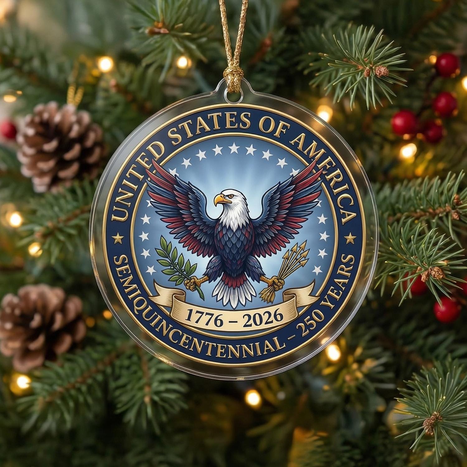 USA 250th Anniversary Semiquincentennial Ornament, 1776-2026 Eagle Seal Keepsake, Patriotic American Pride Gift, 250 Years Decor