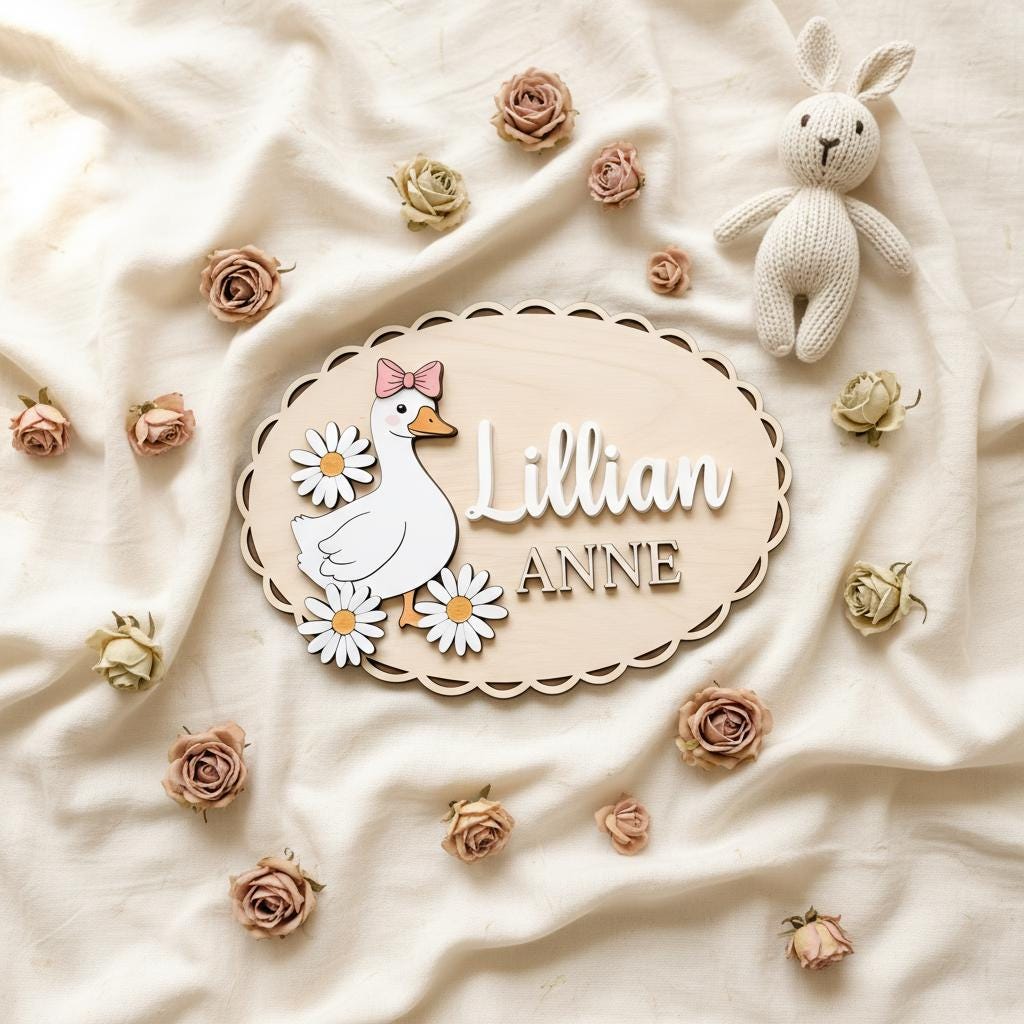 Personalized Baby Name Sign, Wooden Nursery Name Plaque with Goose, Custom Baby Girl Room Decor, Daisy Nursery Wall Decor, Baby Shower Gift