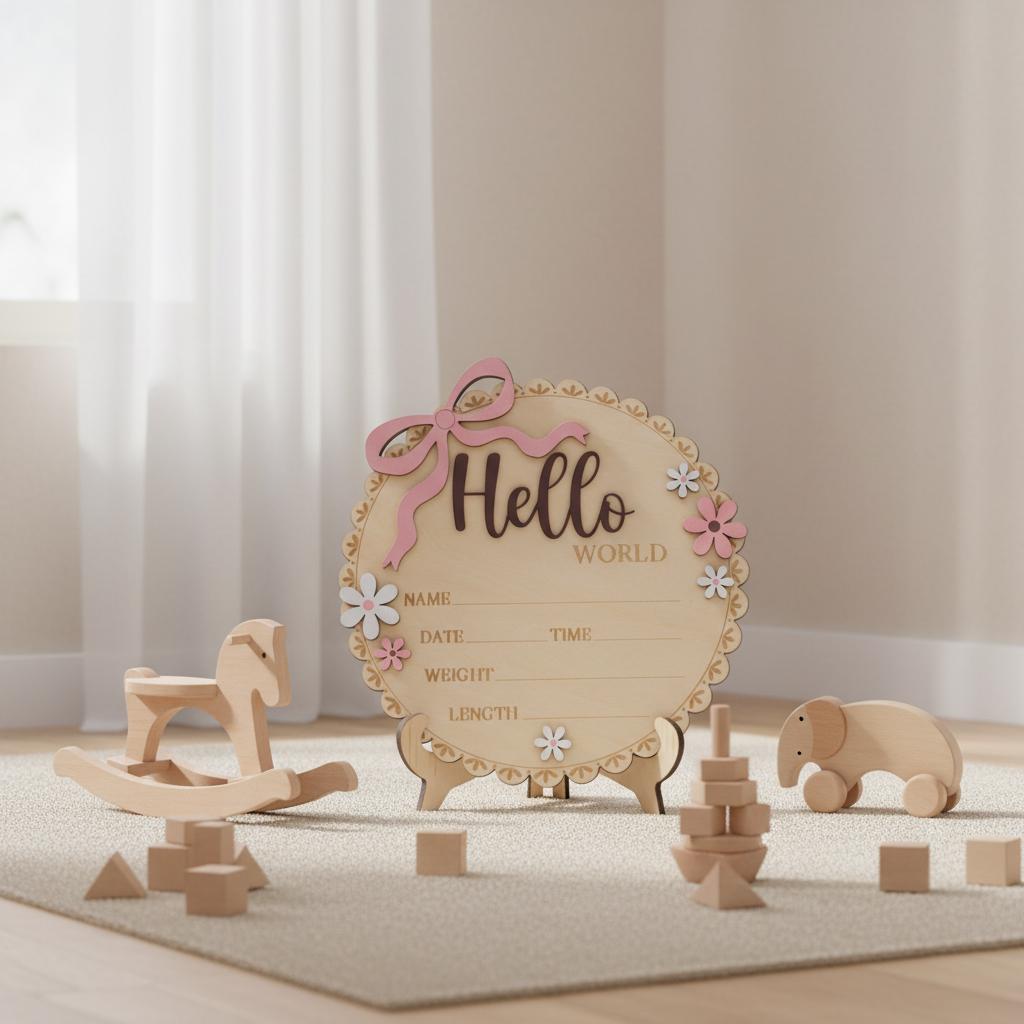 Wooden Baby Announcement Sign Hello World Floral Birth Details