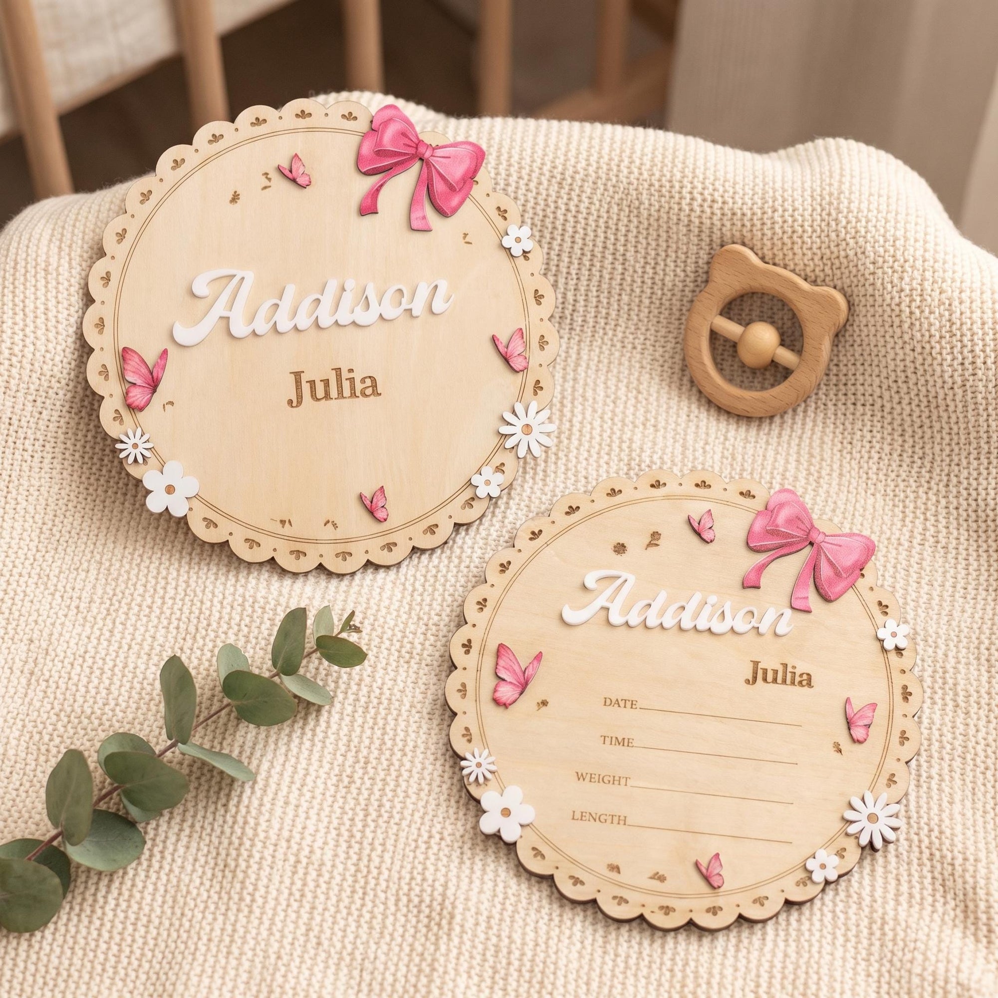 Personalized Round Baby Name Sign for Nursery Scalloped Birth Announcement Sign Custom Wood Plaque Girl Bow Baby Shower Gift