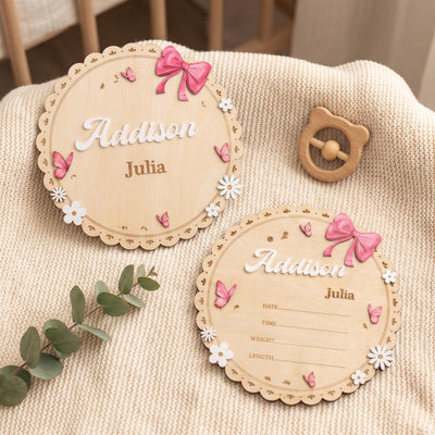 Personalized Round Baby Name Sign for Nursery Scalloped Birth Announcement Sign Custom Wood Plaque Girl Bow Baby Shower Gift