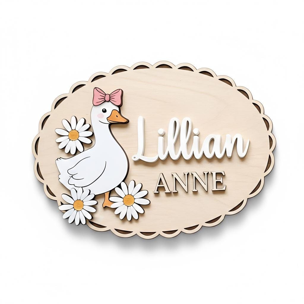 Personalized Baby Name Sign, Wooden Nursery Name Plaque with Goose, Custom Baby Girl Room Decor, Daisy Nursery Wall Decor, Baby Shower Gift