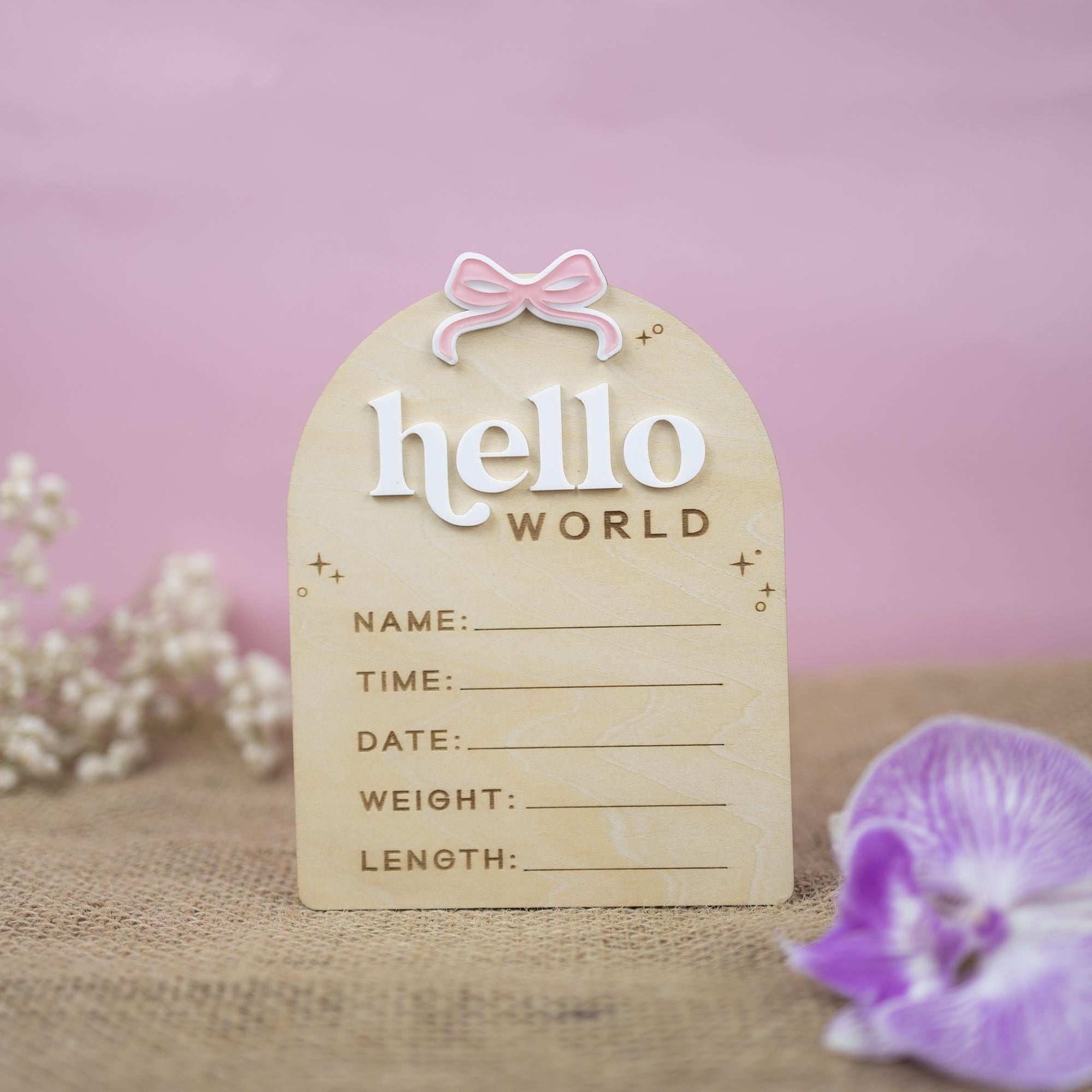 Birth Stats Sign Girl, Hello World Sign, Baby Birth Announcement Sign, Baby Shower Gift, Boho Baby Announcement, Birth Detail Sign With Bow