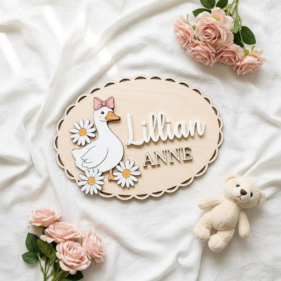 Personalized Baby Name Sign, Wooden Nursery Name Plaque with Goose, Custom Baby Girl Room Decor, Daisy Nursery Wall Decor, Baby Shower Gift
